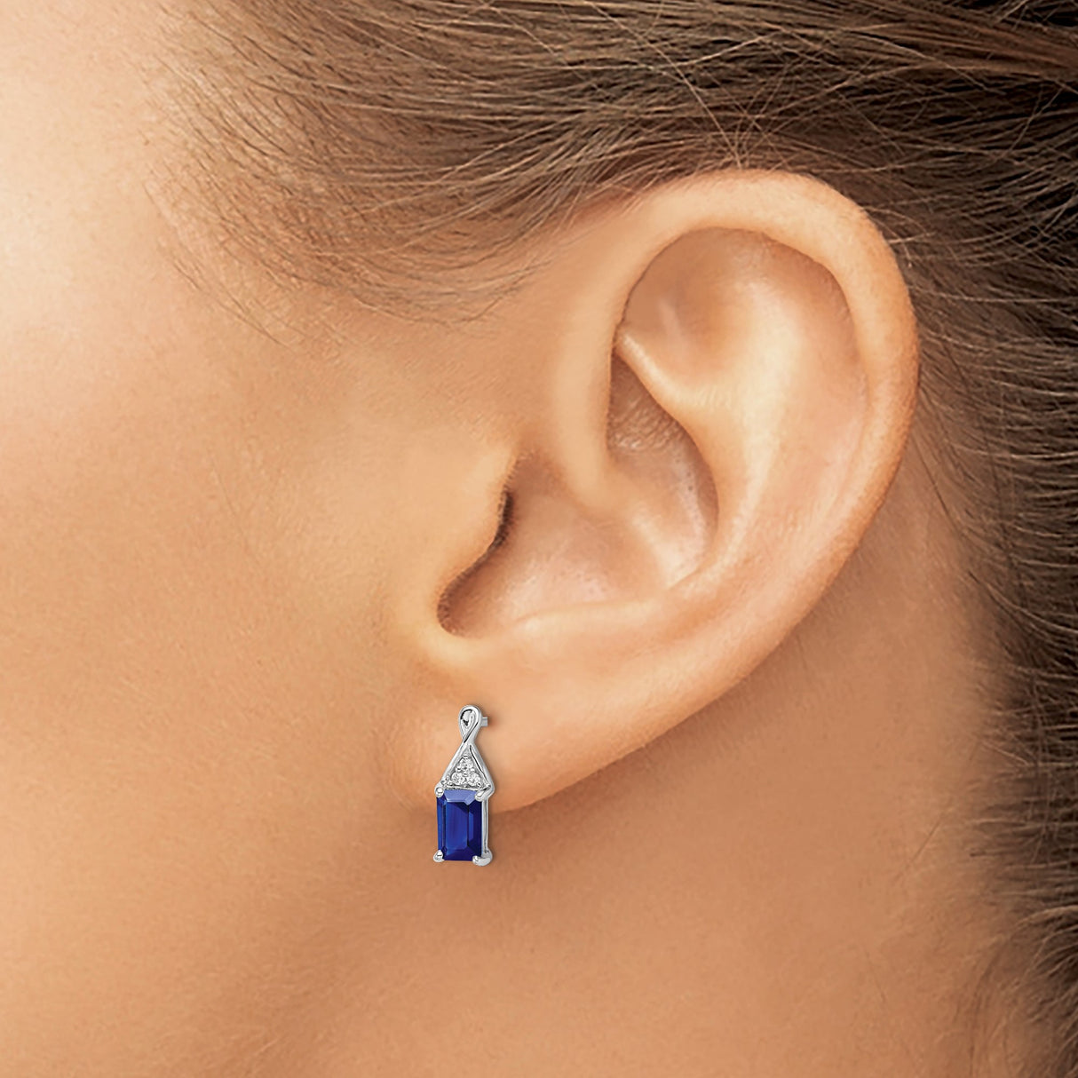 14k White Gold Stud Earrings with Blue Sapphires and Diamond Accents, Loop Design
