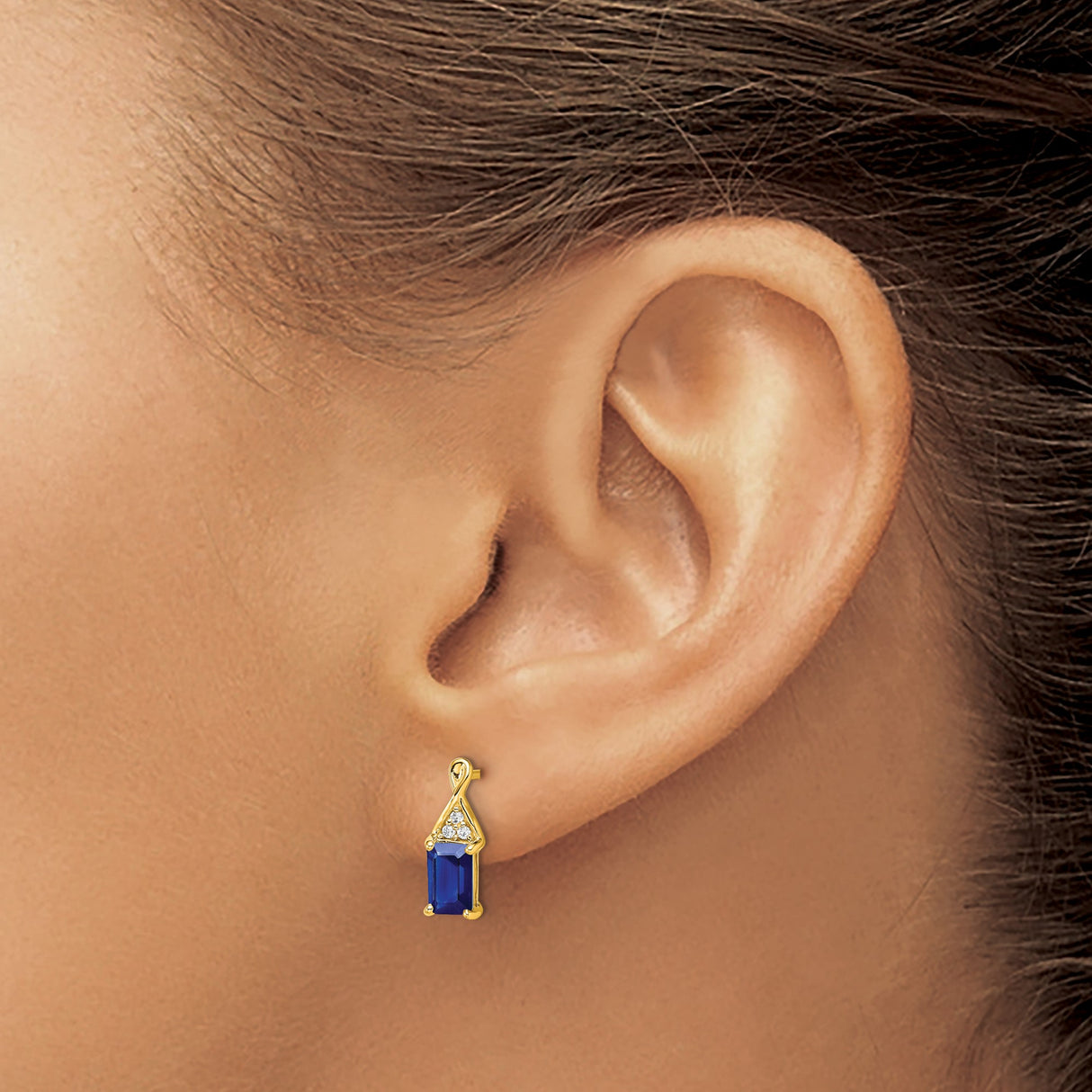14k Yellow Gold Sapphire Stud Earrings with Diamond Accents and Loop Design