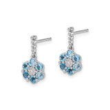 14k White Gold Dangle Stud Earrings with Swiss Blue Topaz and Diamond Floral Design
