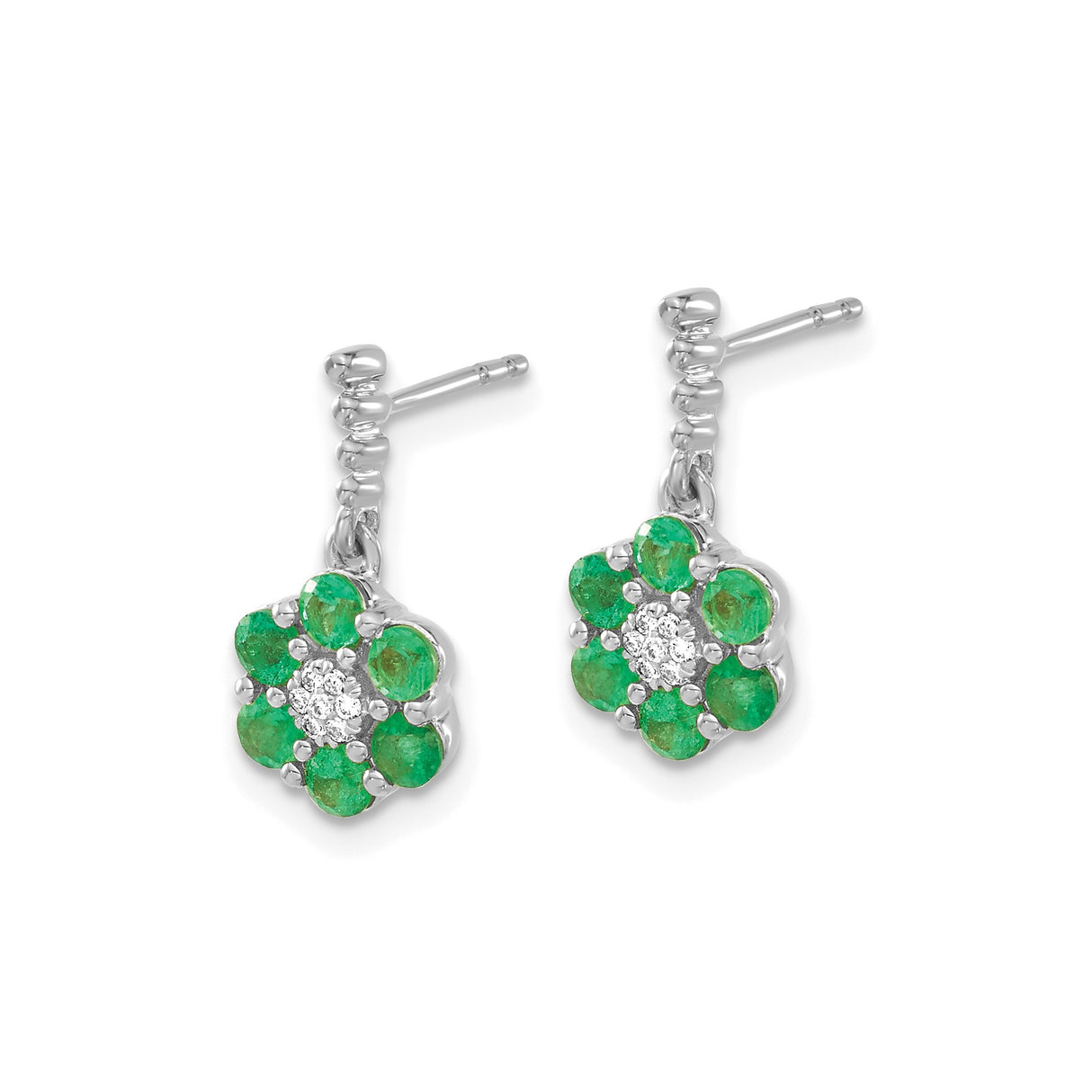 14k White Gold Dangle Stud Earrings with Emeralds and Diamond Floral Cluster Design