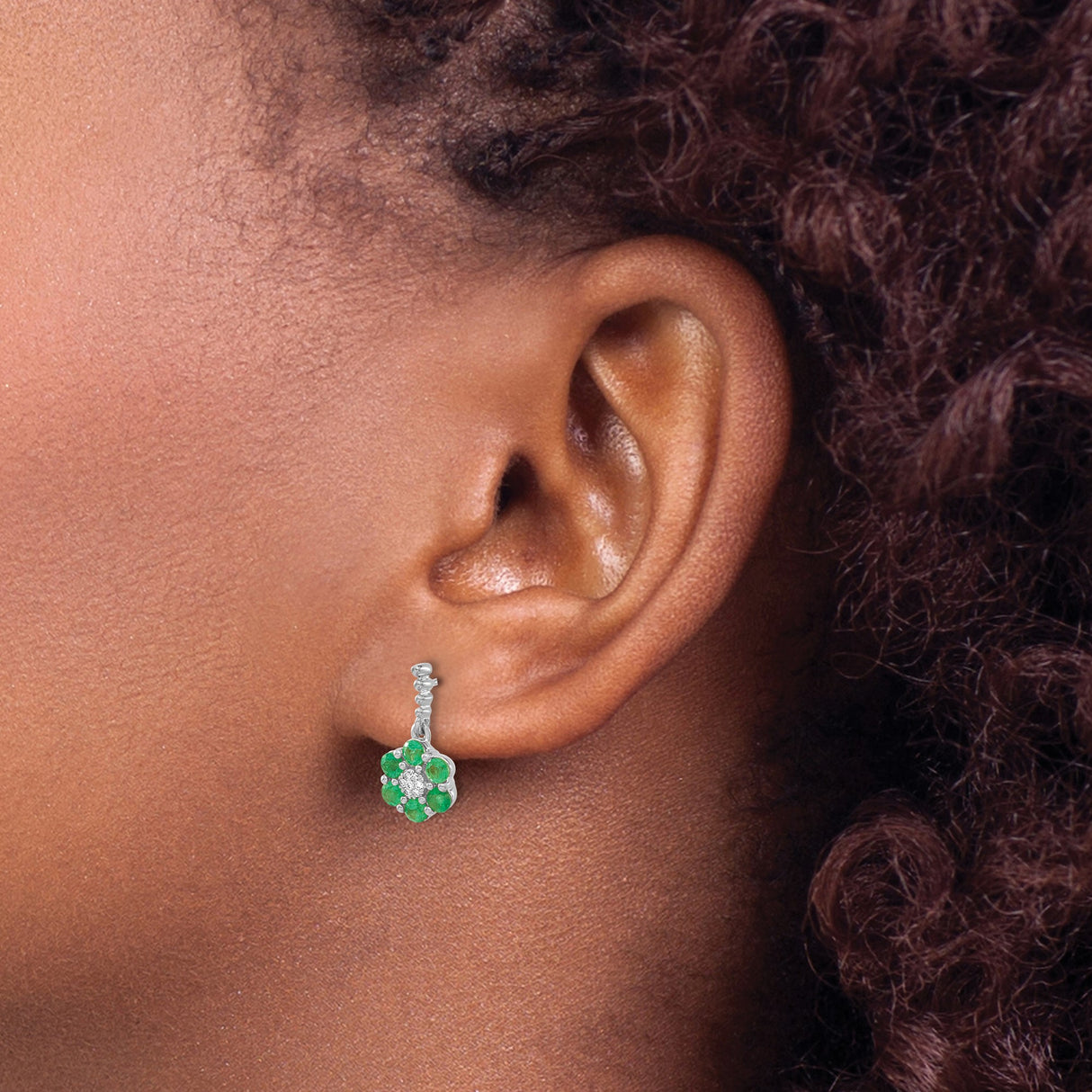 14k White Gold Dangle Stud Earrings with Emeralds and Diamond Floral Cluster Design