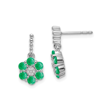 14k White Gold Dangle Stud Earrings with Emeralds and Diamond Floral Cluster Design