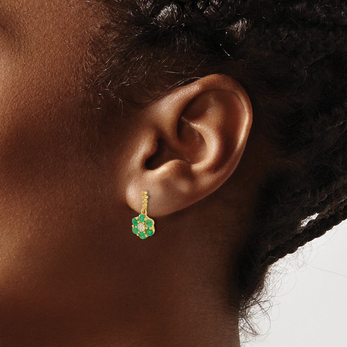 14k Yellow Gold Drop Earrings with Emerald and Diamond Accents, Floral Design for Women
