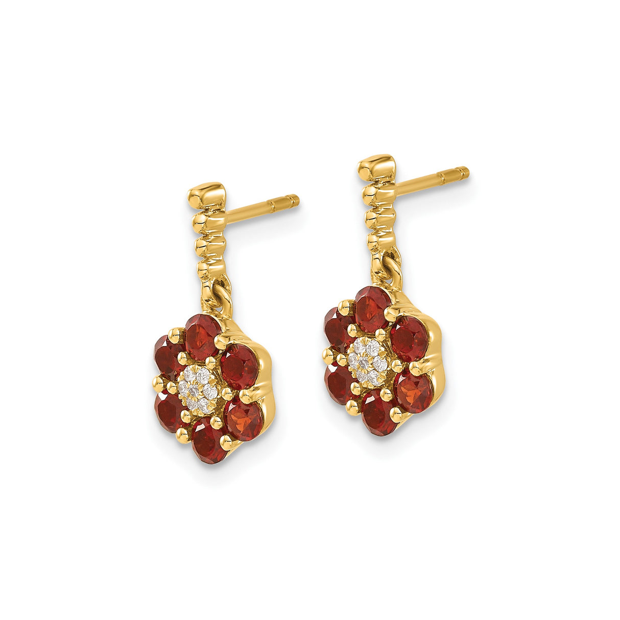 14k Yellow Gold Flower Stud Earrings with Garnet Petals and Diamond Accent
