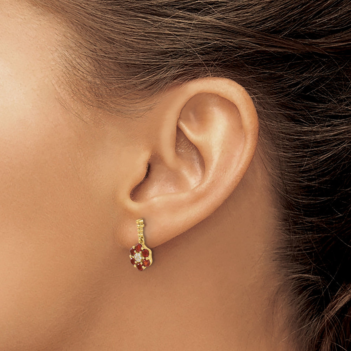 14k Yellow Gold Flower Stud Earrings with Garnet Petals and Diamond Accent