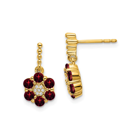 14k Yellow Gold Flower Stud Earrings with Garnet Petals and Diamond Accent