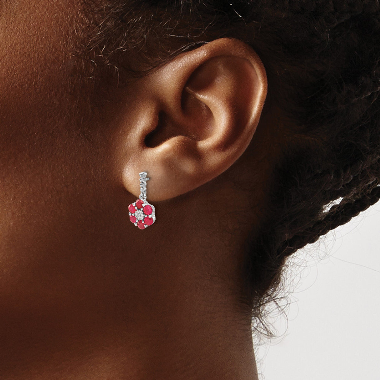 14k White Gold Drop Earrings with Ruby and Diamond Accents, Floral Design for Women