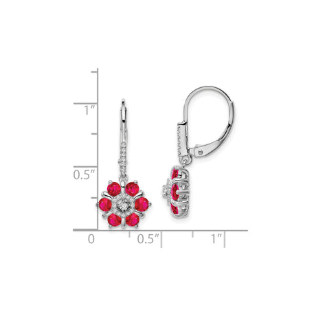 14k White Gold Dangle Earrings with Ruby and Diamond Accents, Floral Leverback Design