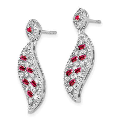 14k White Gold Dangle Earrings with Ruby and Diamond, Flowing Leaf Openwork Design