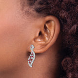 14k White Gold Dangle Earrings with Ruby and Diamond, Flowing Leaf Openwork Design