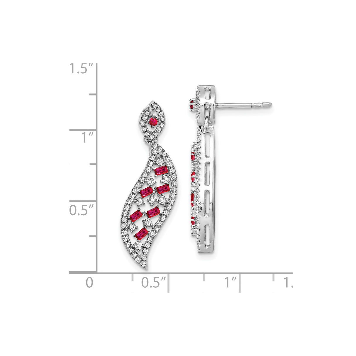 14k White Gold Dangle Earrings with Ruby and Diamond, Flowing Leaf Openwork Design