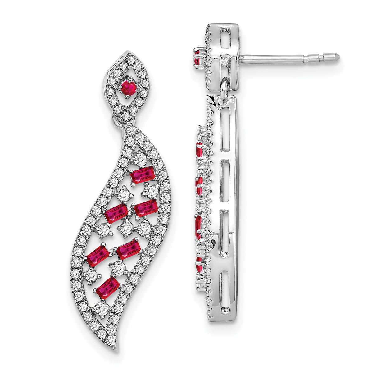 14k White Gold Dangle Earrings with Ruby and Diamond, Flowing Leaf Openwork Design