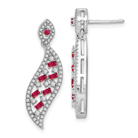 14k White Gold Dangle Earrings with Ruby and Diamond, Flowing Leaf Openwork Design