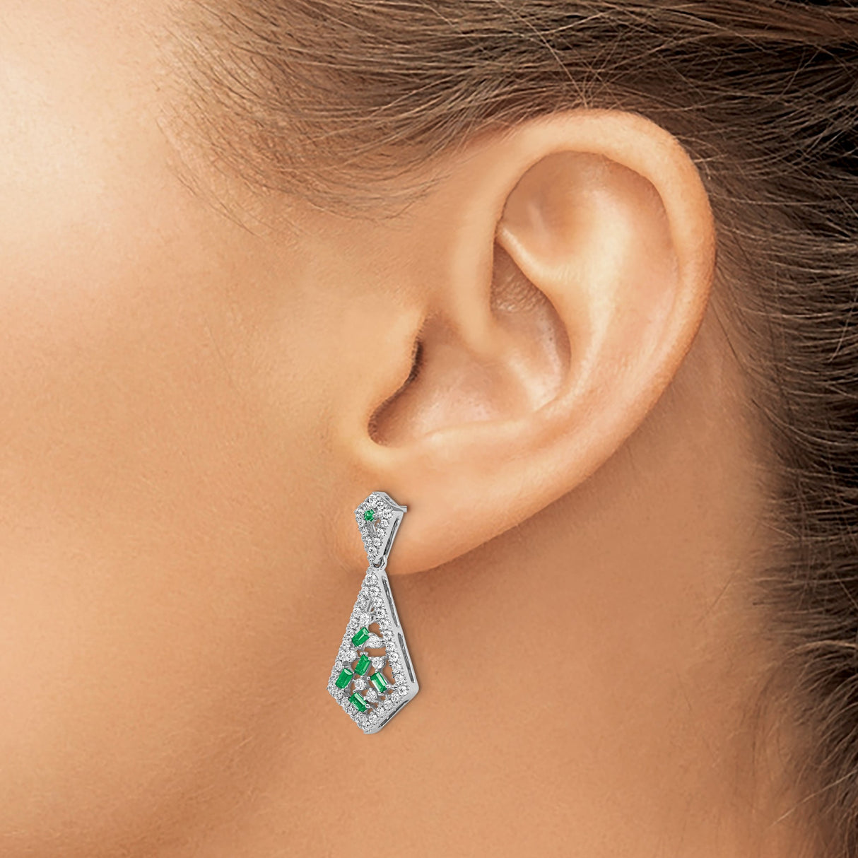 14k White Gold Dangle Earrings with Green Emeralds, Geometric Drop Design for Women