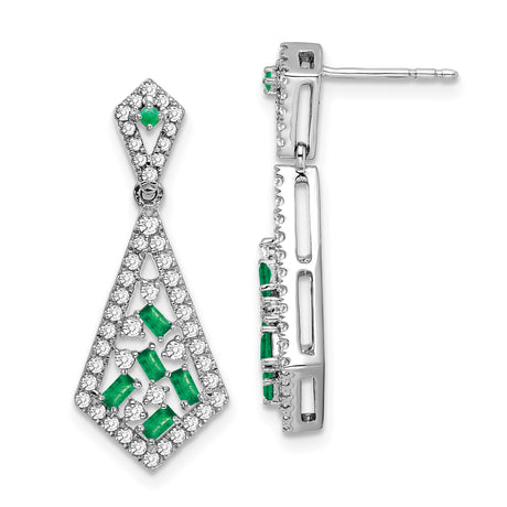 14k White Gold Dangle Earrings with Green Emeralds, Geometric Drop Design for Women