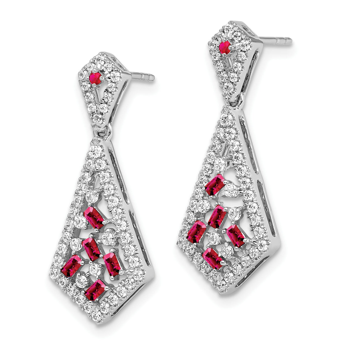 14k White Gold Dangle Earrings with Baguette Cut Rubies and White Diamonds, Geometric Design