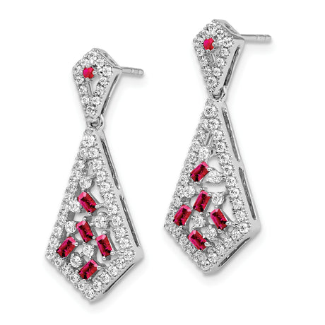 14k White Gold Dangle Earrings with Baguette Cut Rubies and White Diamonds, Geometric Design
