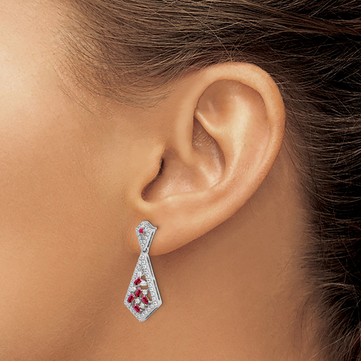 14k White Gold Dangle Earrings with Baguette Cut Rubies and White Diamonds, Geometric Design
