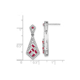 14k White Gold Dangle Earrings with Baguette Cut Rubies and White Diamonds, Geometric Design