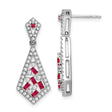 14k White Gold Dangle Earrings with Baguette Cut Rubies and White Diamonds, Geometric Design