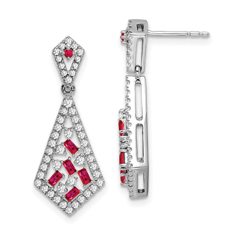 14k White Gold Dangle Earrings with Baguette Cut Rubies and White Diamonds, Geometric Design