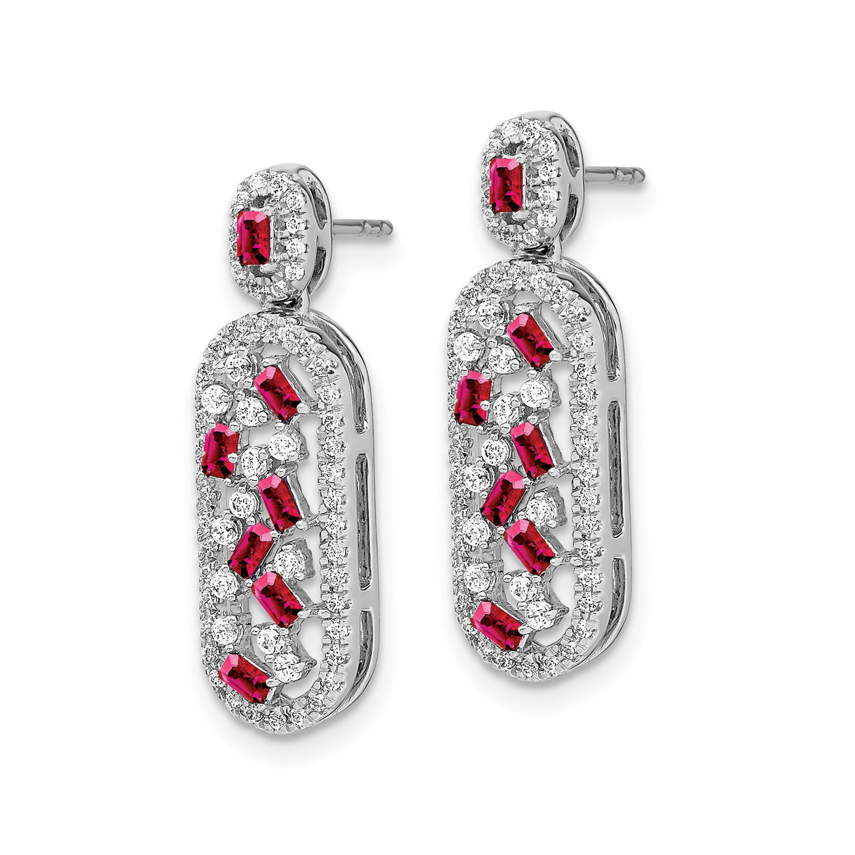 14k White Gold Dangle Earrings with Ruby and Diamond in Open Oval Design