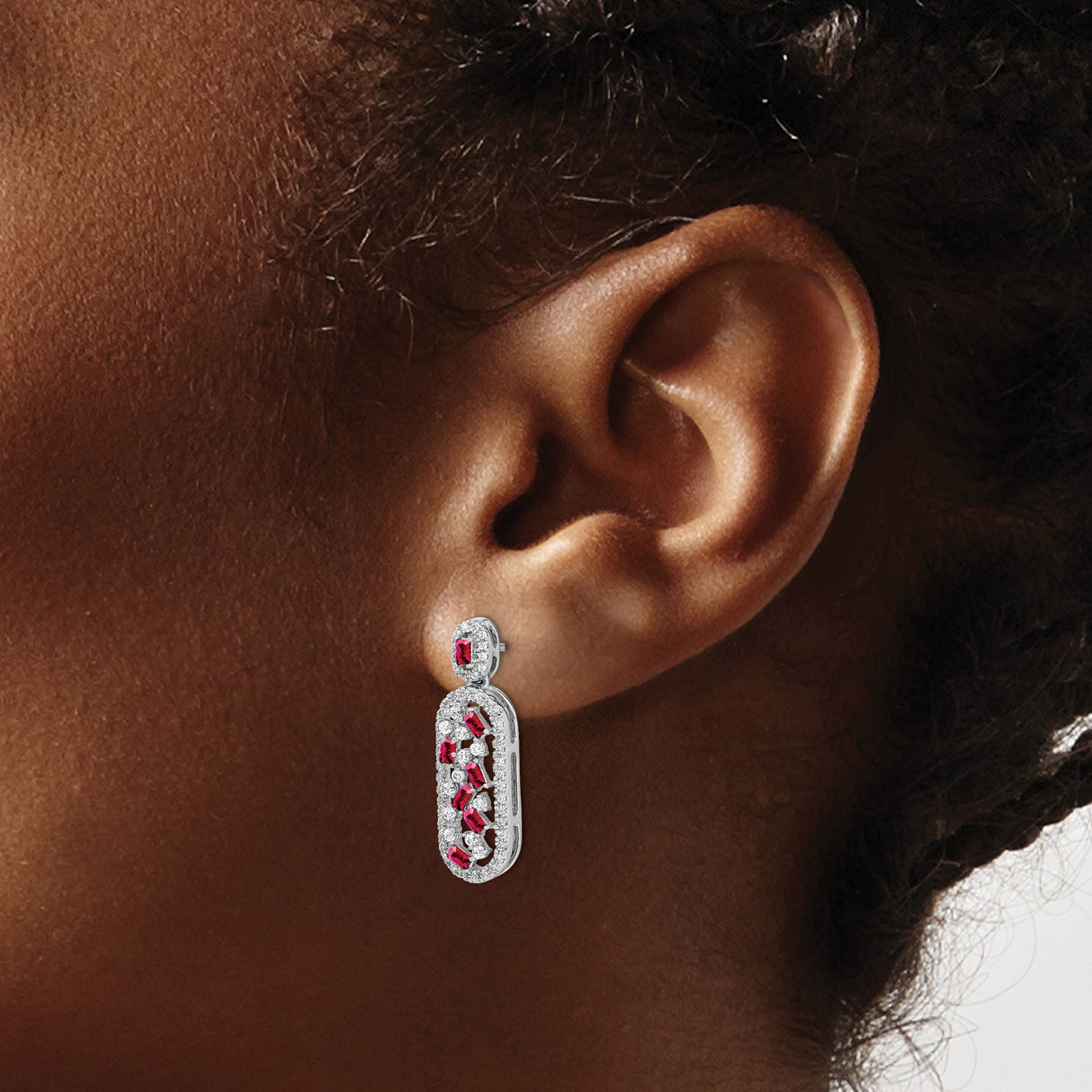 14k White Gold Dangle Earrings with Ruby and Diamond in Open Oval Design