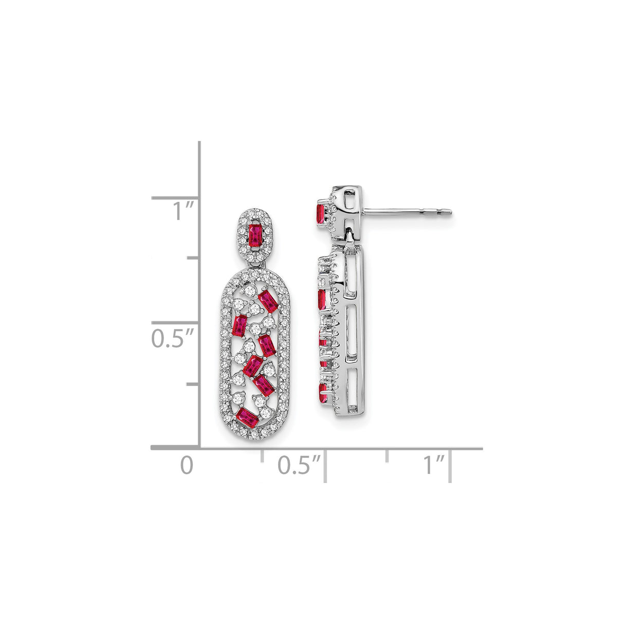 14k White Gold Dangle Earrings with Ruby and Diamond in Open Oval Design