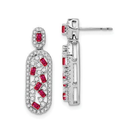 14k White Gold Dangle Earrings with Ruby and Diamond in Open Oval Design