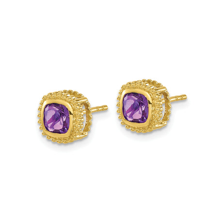 10k Yellow Gold Stud Earrings with Cushion Cut Amethyst in Bezel Setting for Women