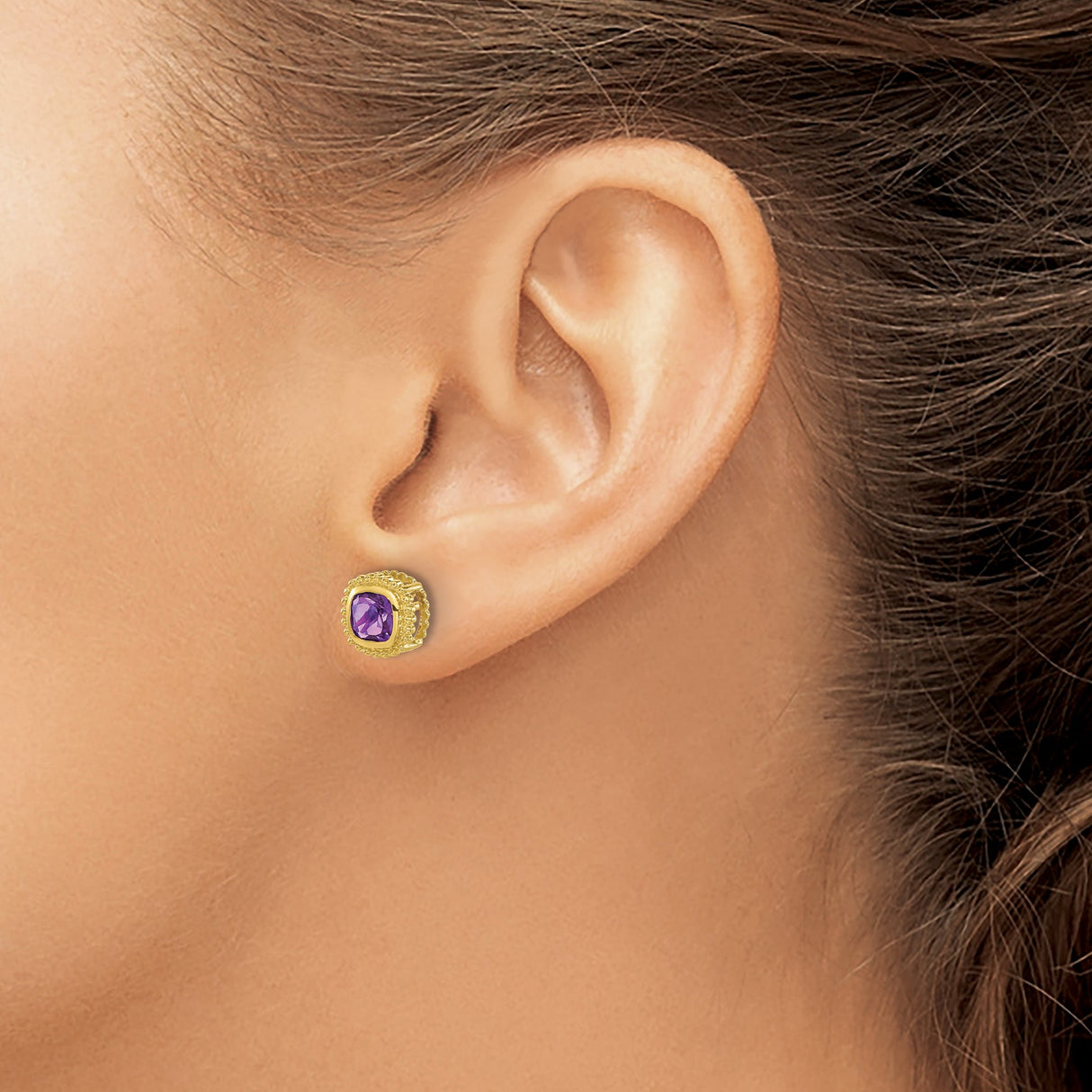 10k Yellow Gold Stud Earrings with Cushion Cut Amethyst in Bezel Setting for Women
