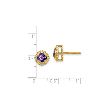 14k Yellow Gold Stud Earrings with Cushion Cut Amethyst in Beaded Halo Setting