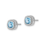10k White Gold Stud Earrings with Swiss Blue Topaz, Cushion Cut, Decorative Border