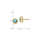 10k Yellow Gold Stud Earrings with Swiss Blue Topaz Cushion Cut and Beaded Halo Design