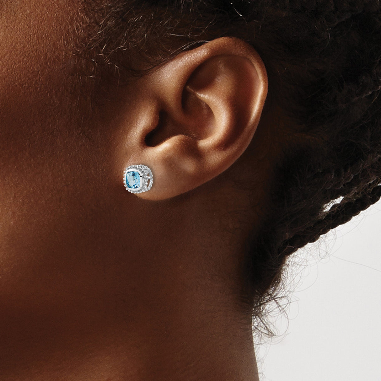 14k White Gold Blue Topaz Stud Earrings, Cushion Cut with Milgrain Halo Setting