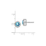 14k White Gold Blue Topaz Stud Earrings, Cushion Cut with Milgrain Halo Setting