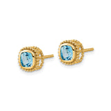 14k Yellow Gold Stud Earrings with Swiss Blue Topaz, Cushion Cut, Vintage Beaded Frame