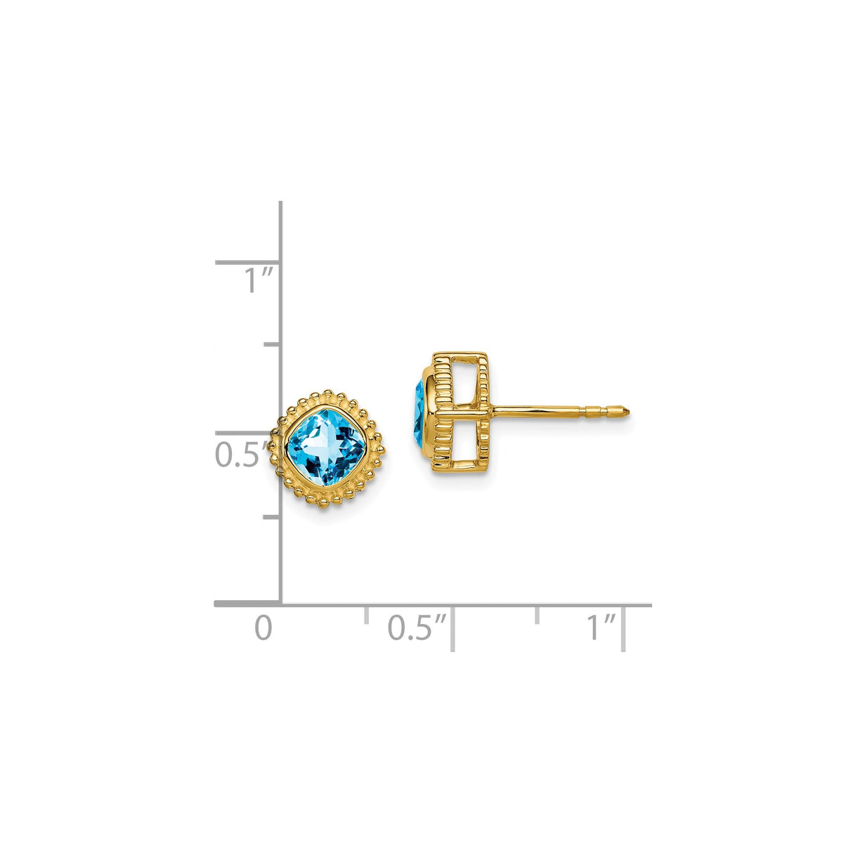 14k Yellow Gold Stud Earrings with Swiss Blue Topaz, Cushion Cut, Vintage Beaded Frame
