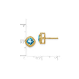 14k Yellow Gold Stud Earrings with Swiss Blue Topaz, Cushion Cut, Vintage Beaded Frame