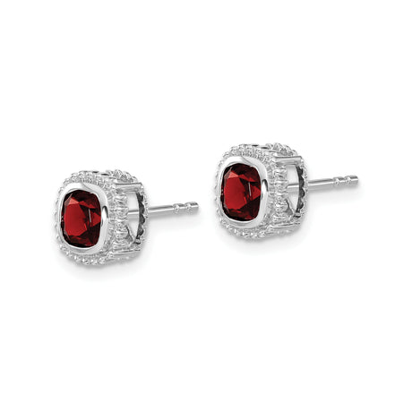 10k White Gold Garnet Stud Earrings with Cushion Cut and Beaded Halo Style