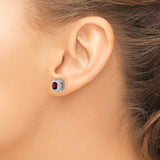 10k White Gold Garnet Stud Earrings with Cushion Cut and Beaded Halo Style