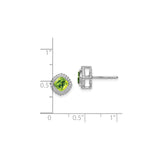 14k White Gold Stud Earrings with Cushion Cut Peridot and Beaded Halo Border