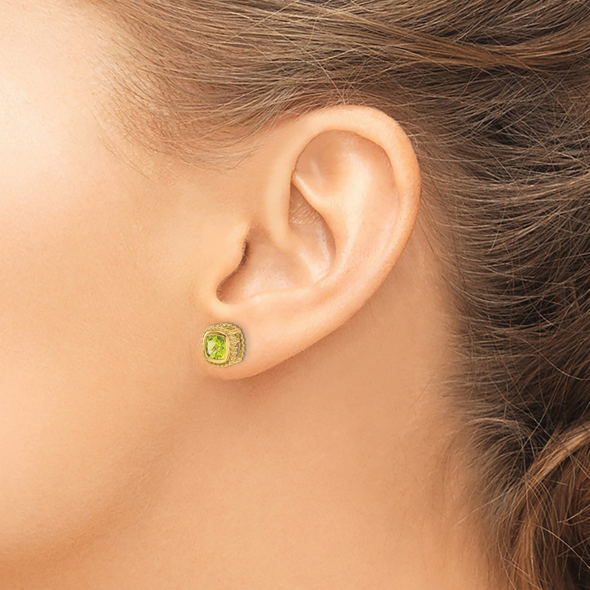 14k Yellow Gold Cushion Cut Peridot Stud Earrings with Beaded Border
