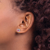 10k White Gold Stud Earrings with Cushion Cut Ruby in Beaded Halo Setting
