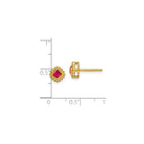 14k Yellow Gold Stud Earrings with Ruby in Beaded Halo Setting, Cushion Cut Design