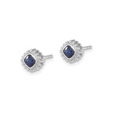 10k White Gold Sapphire Stud Earrings, Cushion Cut with Beaded Halo Setting