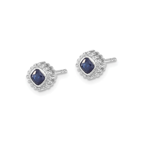 10k White Gold Sapphire Stud Earrings, Cushion Cut with Beaded Halo Setting