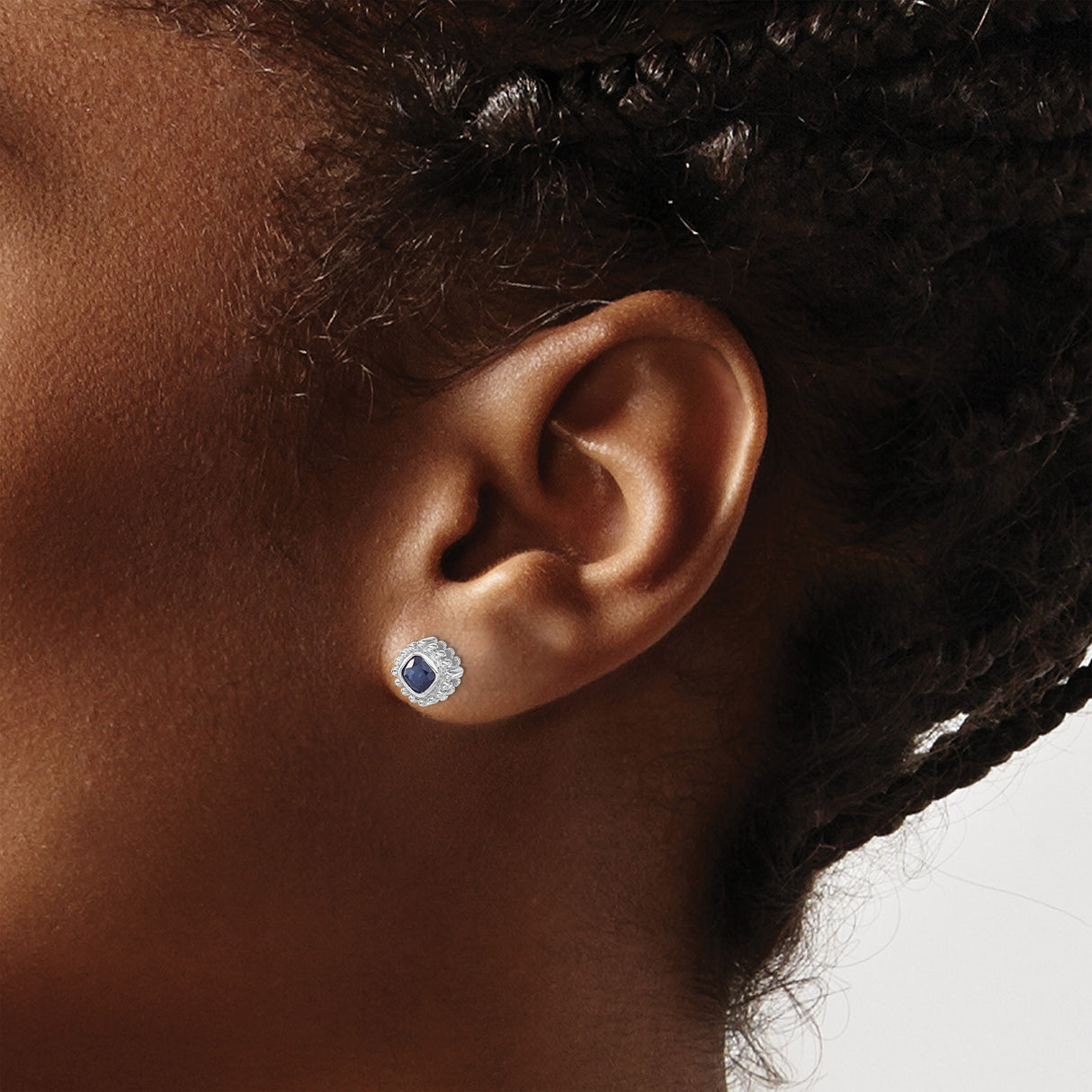 10k White Gold Sapphire Stud Earrings, Cushion Cut with Beaded Halo Setting