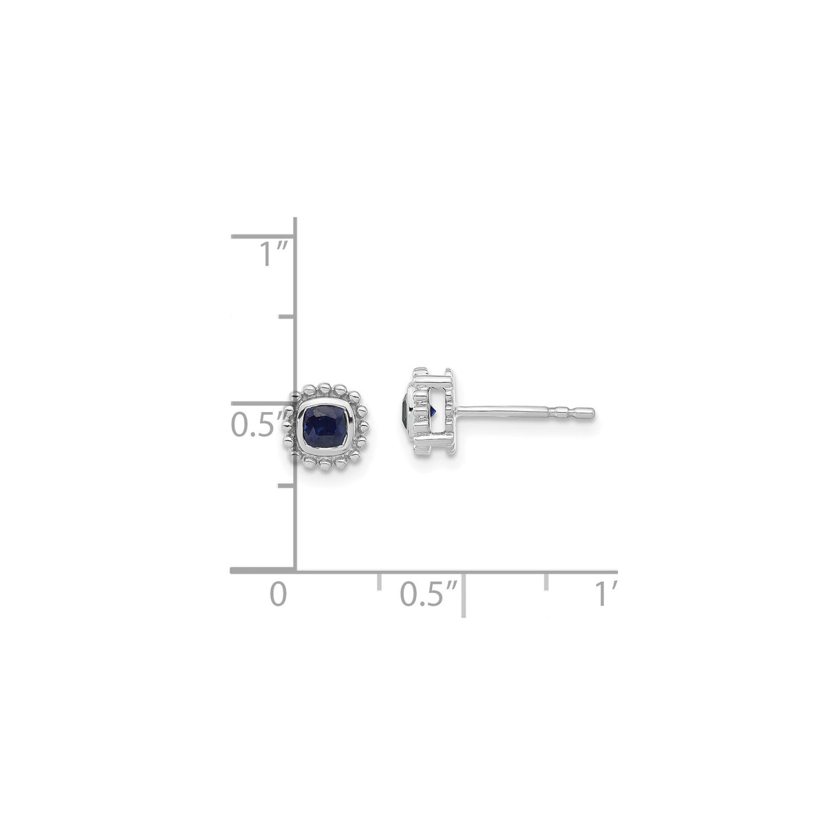 14k White Gold Stud Earrings with Cushion Cut Blue Sapphires and Beaded Halo