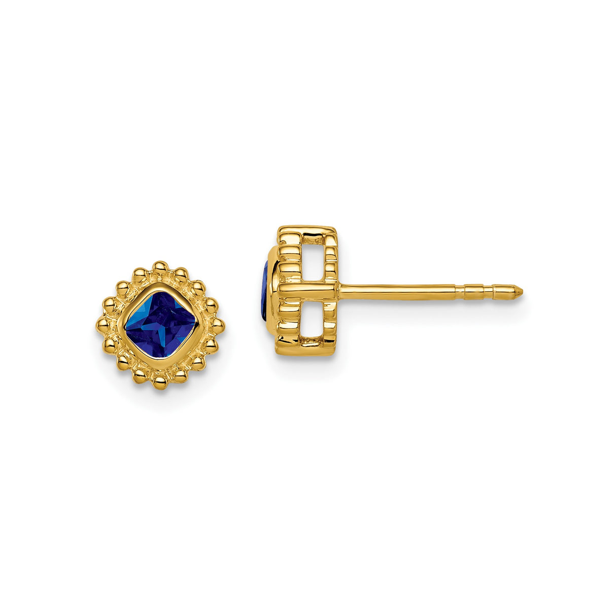 14k Yellow Gold Stud Earrings with Square Cut Sapphire in Vintage Bezel Setting